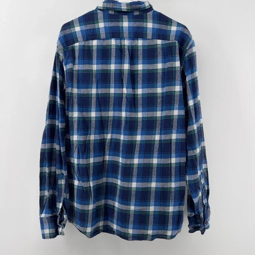 J.Crew Men L Button-Up Long Sleeve Flannel Shirt Blue Green Plaid‎ Collar Pocket